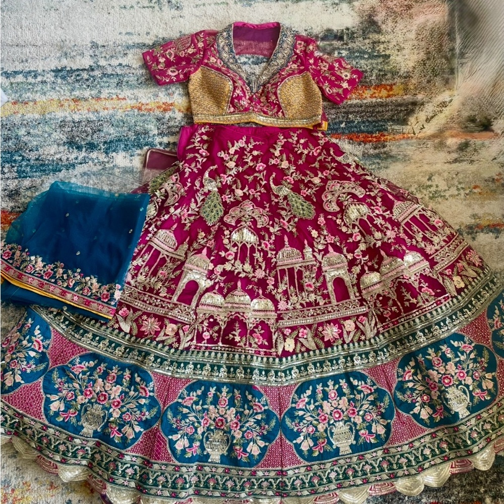 Vibrant Pink and Blue Embroidered Lehenga